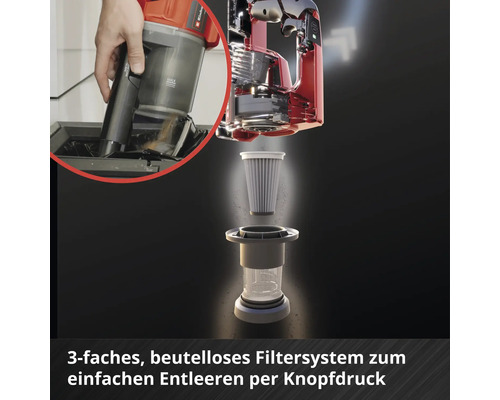 Dreistufiges beutelloses Filtersystem eines Akku-Staubsaugers mit einfacher Entleerung per Knopfdruck über einem Abfalleimer.