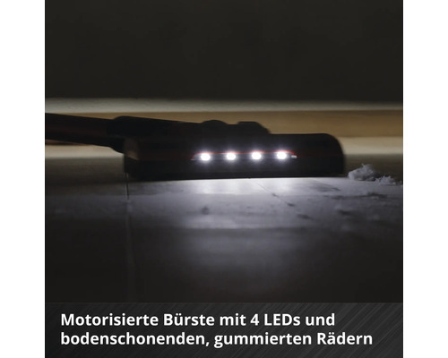 Motorisierte Staubsaugerbürste mit 4 LEDs und bodenschonenden gummierten Rädern auf einem Hartboden.