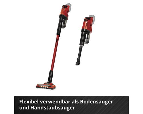 Einhell batteriebetriebener Staubsauger, Einhell Logo, verwendbar als Bodensauger und Handstaubsauger, Bodenbürste mit Beleuchtung und Fugendüse.