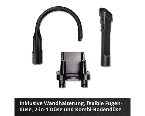 Staubsauger-Zubehörset bestehend aus einer Wandhalterung, einer flexiblen Fugendüse und einer 2-in-1 Düse.