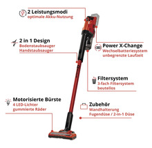Einhell Akku-Stielsauger mit 2 Leistungsmodi, 2-in-1 Design, Power X-Change Akkusystem, beutellosem Filtersystem und motorisierter Bürste.