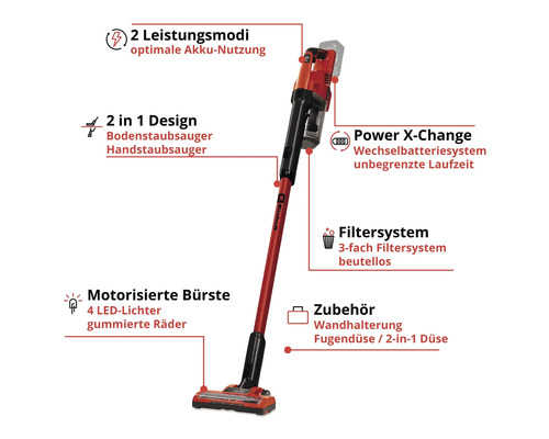 Einhell Akku-Stielsauger mit 2 Leistungsmodi, 2-in-1 Design, Power X-Change Akkusystem, beutellosem Filtersystem und motorisierter Bürste.