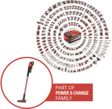 Einhell Akku-Stielsauger als Teil der Power X-Change Werkzeugfamilie mit zahlreichen kompatiblen Geräten.