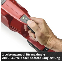 Hand bedient die ECO BOOST-Taste an einem Akku-Staubsauger für zwei Leistungsmodi zur Optimierung der Akku-Laufzeit oder Saugleistung.