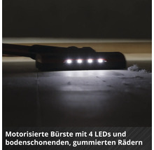 Motorisierte Bürste eines Staubsaugers mit vier LEDs und bodenschonenden, gummierten Rädern.