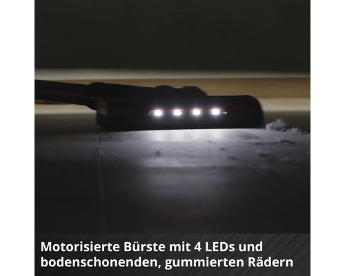 Motorisierte Bürste eines Staubsaugers mit vier LEDs und bodenschonenden, gummierten Rädern.