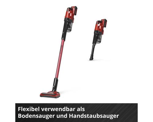 Akku-Staubsauger, flexibel verwendbar als Bodensauger und Handstaubsauger, rot-schwarz.