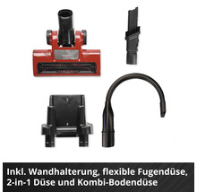 Staubsauger-Zubehör Set inklusive Wandhalterung, flexibler Fugendüse, 2-in-1 Düse und Kombi-Bodendüse.