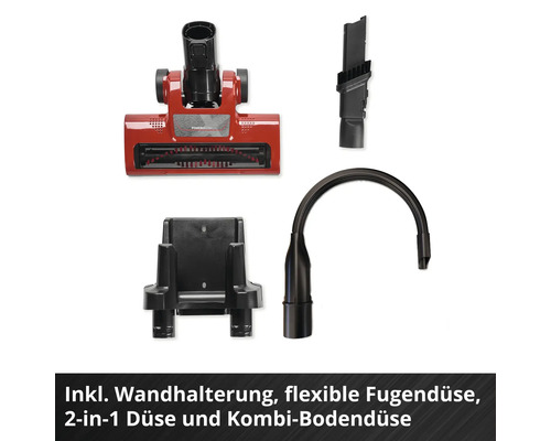 Staubsauger-Zubehör Set inklusive Wandhalterung, flexibler Fugendüse, 2-in-1 Düse und Kombi-Bodendüse.
