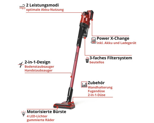 Einhell Akku-Staubsauger mit zwei Leistungsmodi, zwei-in-eins Design, beutellosem dreifach Filtersystem, motorisierter Bürste und Power X-Change.