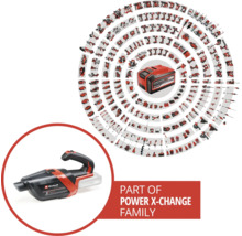 Einhell Akku-Handsauger als Teil der Power X-Change Systemfamilie mit Übersicht kompatibler Werkzeuge und Gartengeräte.