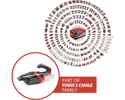 Einhell Akku-Handsauger als Teil der Power X-Change Systemfamilie mit Übersicht kompatibler Werkzeuge und Gartengeräte.