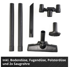 Staubsauger-Zubehörset inklusive Bodendüse, Fugendüse, Polsterdüse, zwei Saugrohren und Zubehörhalter aus Kunststoff.