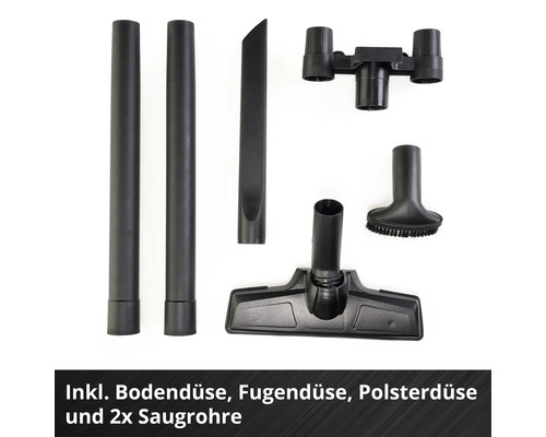 Staubsauger-Zubehörset inklusive Bodendüse, Fugendüse, Polsterdüse, zwei Saugrohren und Zubehörhalter aus Kunststoff.