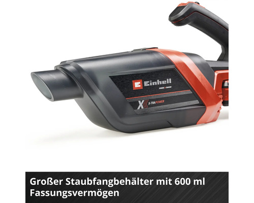 Einhell Handsauger mit einem Staubfangbehälter von 600 Milliliter Fassungsvermögen.