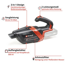 Einhell Akku-Handstaubsauger mit 2-in-1 Design, 72 Millibar Saugleistung, 600 Milliliter Behälter, 2 Leistungsmodi und waschbarem Schmutzfilter.