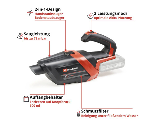 Einhell Akku-Handstaubsauger mit 2-in-1 Design, 72 Millibar Saugleistung, 600 Milliliter Behälter, 2 Leistungsmodi und waschbarem Schmutzfilter.