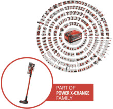 Einhell batteriebetriebener Stielsauger als Teil der Power X-Change Familie mit einer Übersicht kompatibler Werkzeuge und Gartengeräte.
