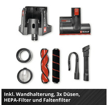 Einhell Staubsauger-Zubehör-Set mit Wandhalterung, drei Düsen, HEPA-Filter, Faltenfilter und zwei Ersatzbürstenrollen.