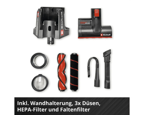 Einhell Staubsauger-Zubehör-Set mit Wandhalterung, drei Düsen, HEPA-Filter, Faltenfilter und zwei Ersatzbürstenrollen.