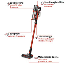 Einhell Akku-Staubsauger 2 in 1 mit bürstenlosem Motor, 270 Millibar Saugleistung, HEPA-Filter, beutellos, 3 Saugmodi und motorisierter LED-Bürste.