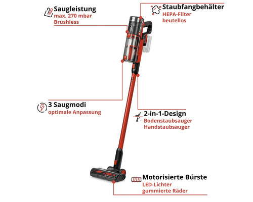 Einhell Akku-Staubsauger 2 in 1 mit bürstenlosem Motor, 270 Millibar Saugleistung, HEPA-Filter, beutellos, 3 Saugmodi und motorisierter LED-Bürste.