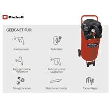 Einhell Logo. Kompressor geeignet für Ausblaspistole, Reifenfüller, Farbspritzpistole, Schlagschrauber, Ratschenschrauber und Tacker oder Nagler.