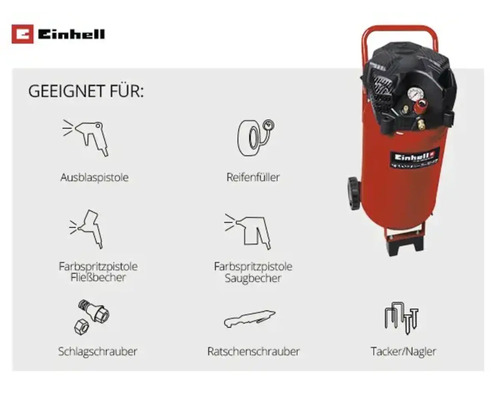 Einhell Logo. Kompressor geeignet für Ausblaspistole, Reifenfüller, Farbspritzpistole, Schlagschrauber, Ratschenschrauber und Tacker oder Nagler.