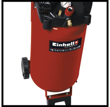 Einhell Kompressor TC-AC 240/50/10 OF mit stehendem Drucklufttank, Manometer, Druckregler und Rädern.