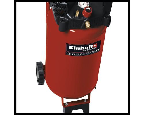 Einhell Kompressor TC-AC 240/50/10 OF mit stehendem Drucklufttank, Manometer, Druckregler und Rädern.