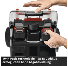 Akku-Kompressor mit zwei 18 Volt Akkus unter einer transparenten Abdeckung, Twin-Pack Technologie für hohe Leistung.