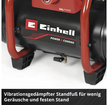 Einhell Power X-Change Kompressor mit vibrationsgedämpften Standfüßen für stabilen Stand und weniger Geräusche. Einhell Logo.