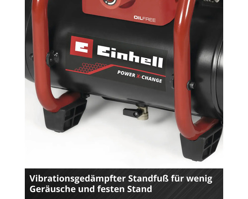 Einhell Power X-Change Kompressor mit vibrationsgedämpften Standfüßen für stabilen Stand und weniger Geräusche. Einhell Logo.