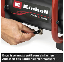 Einhell Logo, Hand öffnet das Entwässerungsventil am Kompressor zum Ablassen von Kondenswasser.