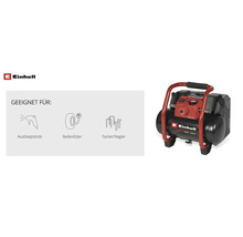 Einhell Logo und tragbarer Kompressor mit Anwendungssymbolen für Ausblaspistole, Reifenfüller und Tacker oder Nagler.