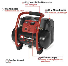 Einhell Akku-Kompressor mit 6 Liter Kessel, 36 Volt Akku-Power, ölfreier Pumpe, Manometer bis 8 bar und ergonomischem Handgriff.