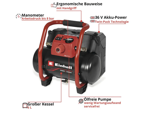 Einhell Akku-Kompressor mit 6 Liter Kessel, 36 Volt Akku-Power, ölfreier Pumpe, Manometer bis 8 bar und ergonomischem Handgriff.