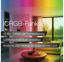 Wohnzimmer mit RGB-Beleuchtung, 16 Millionen Farben per Fernbedienung, individuell einstellbare Lichtfarbe, moderne LED-Technik.