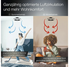 Deckenventilator mit Licht im Sommerbetrieb zur Kühlung und im Winterbetrieb zur gleichmäßigen Verteilung der Raumwärme.
