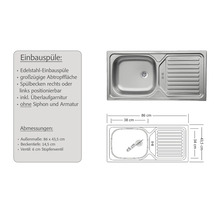 Edelstahl-Einbauspüle mit Spülbecken und Abtropffläche, Außenmaße 86 mal 43,5 Zentimeter, Beckentiefe 14,5 Zentimeter, inklusive Überlaufgarnitur.