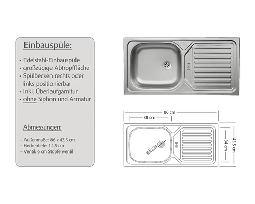 Edelstahl-Einbauspüle mit Spülbecken und Abtropffläche, Außenmaße 86 mal 43,5 Zentimeter, Beckentiefe 14,5 Zentimeter, inklusive Überlaufgarnitur.