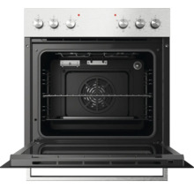 Einbau-Backofen mit geöffneter Tür, Edelstahl-Bedienblende mit sechs Drehknöpfen, Innenraum mit Gitterrost, Backblech und Umluftventilator.