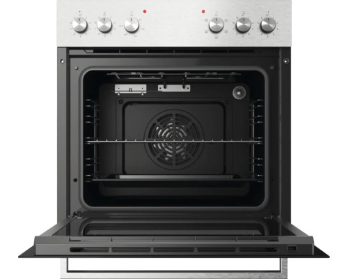 Einbau-Backofen mit geöffneter Tür, Edelstahl-Bedienblende mit sechs Drehknöpfen, Innenraum mit Gitterrost, Backblech und Umluftventilator.
