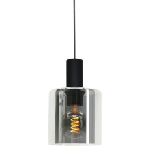 Pendelleuchte mit zylindrischem Glasschirm, schwarzer Fassung und sichtbarem Filament-Leuchtmittel.