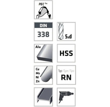 Symbole für Metallbohrer: PEC Tec Beschichtung, DIN 338 Norm, Bohrtiefe 5 mal Durchmesser, für Aluminium, Buntmetalle, Stahl, Typ RN, HSS Stahl.