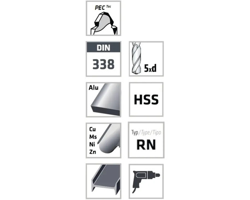 Symbole für Metallbohrer: PEC Tec Beschichtung, DIN 338 Norm, Bohrtiefe 5 mal Durchmesser, für Aluminium, Buntmetalle, Stahl, Typ RN, HSS Stahl.