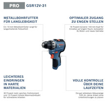 Bosch Professional Akku-Bohrschrauber GSR 12V-31 mit Metallbohrfutter, kompaktem 144 Millimeter Kopf, hohem Drehmoment und Akkuanzeige.