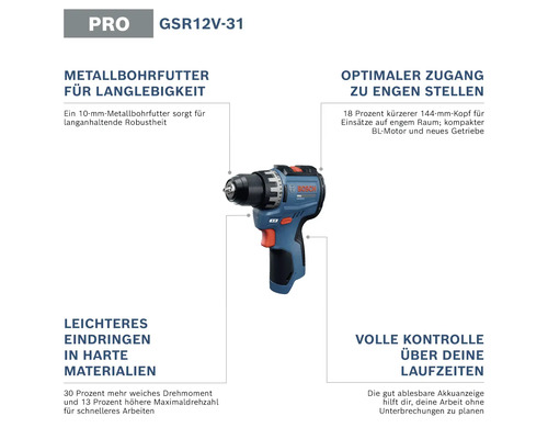 Bosch Professional Akku-Bohrschrauber GSR 12V-31 mit Metallbohrfutter, kompaktem 144 Millimeter Kopf, hohem Drehmoment und Akkuanzeige.