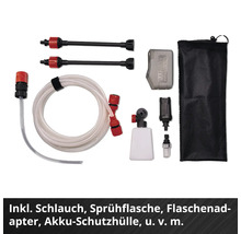 Zubehörset für Druckreiniger inklusive Schlauch, Sprühflasche, Flaschenadapter, Akku-Schutzhülle, Sprühlanzen und Aufbewahrungstasche.