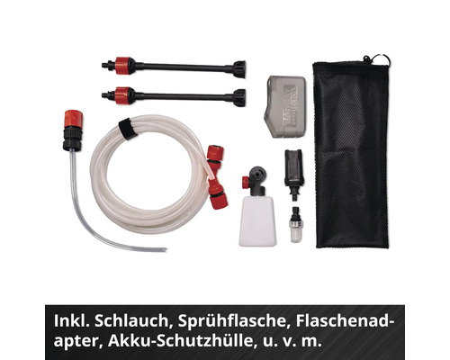 Zubehörset für Druckreiniger inklusive Schlauch, Sprühflasche, Flaschenadapter, Akku-Schutzhülle, Sprühlanzen und Aufbewahrungstasche.